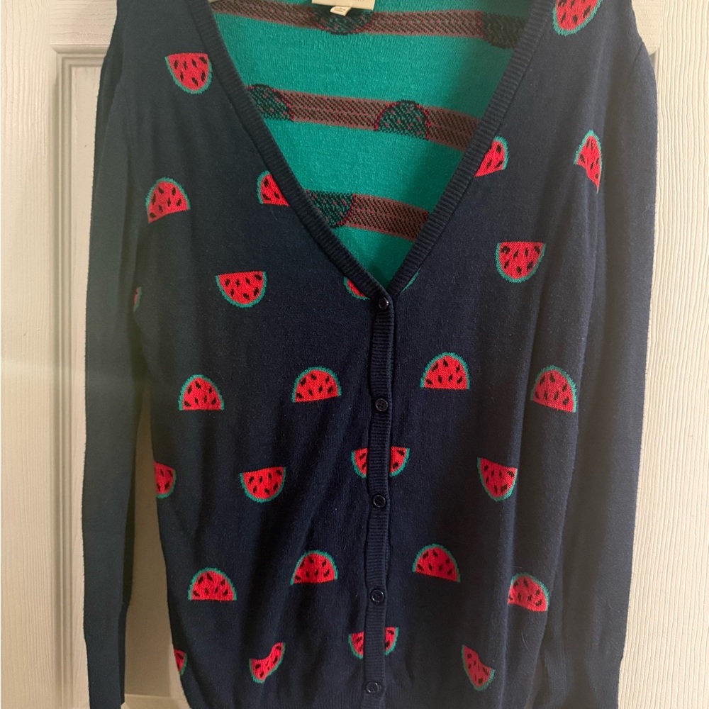 Modcloth Dark Blue Cardigan with Watermelon Pattern